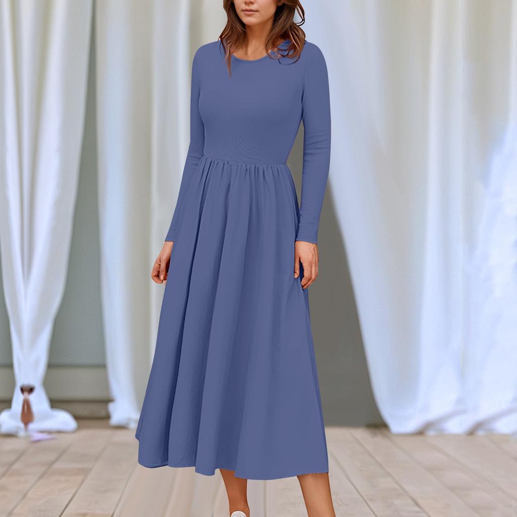 Women's Solid Color Midi Boho Dress Casual Long Sleeve Flowy Smocked Dresses With Pocket Summer And Spring