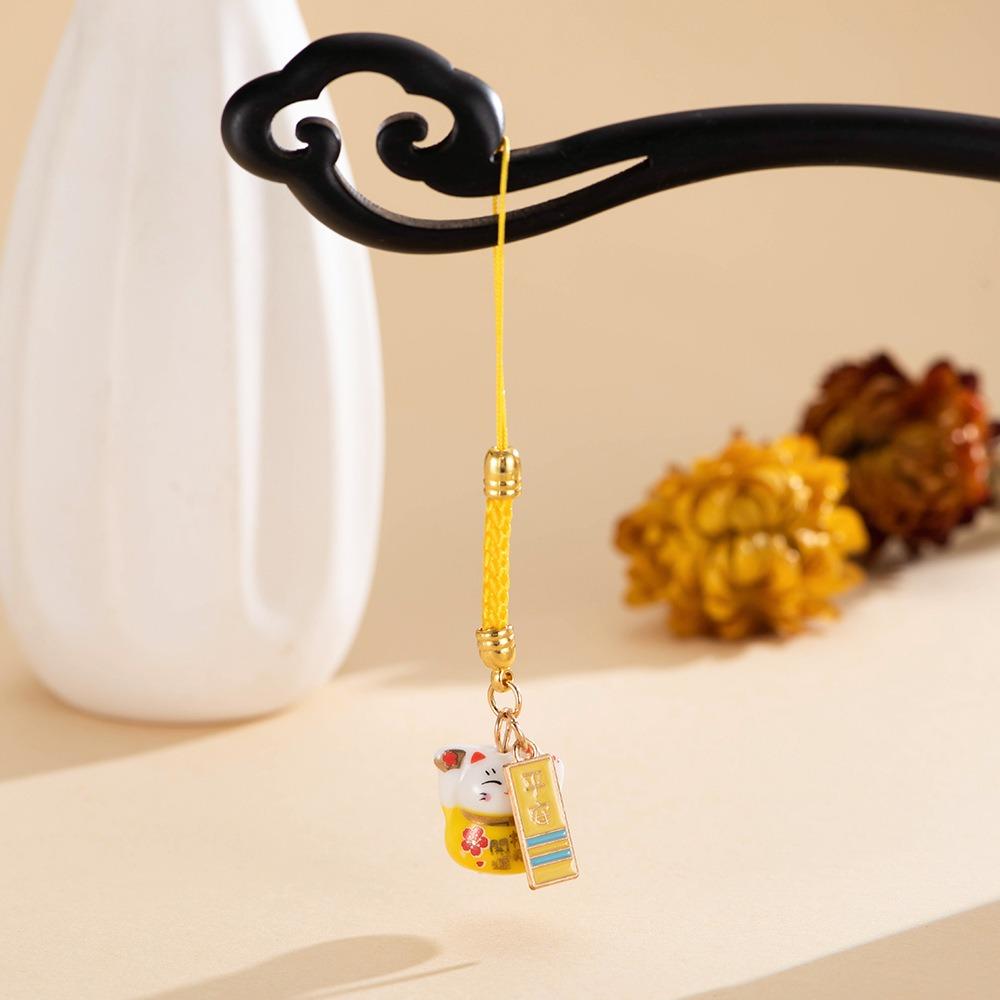 Chinese Style Ceramic Lucky Cat Phone Charms Metal Fortune Maneki Neko Phone Chain Cartoon Trinket Lucky Cat Pendant