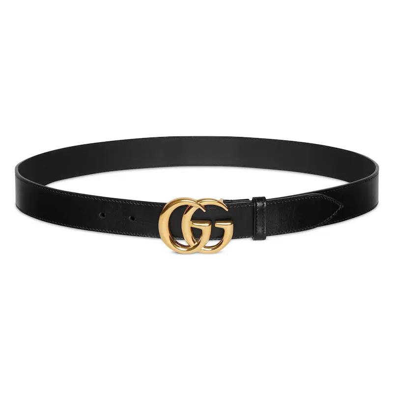 Gucci Gucci GG Marmont Пряжка Double G в форме логотипа Кожаный ремень Унисекс парный стиль Черный Ширина 3 см 414516-0YA0G-1000