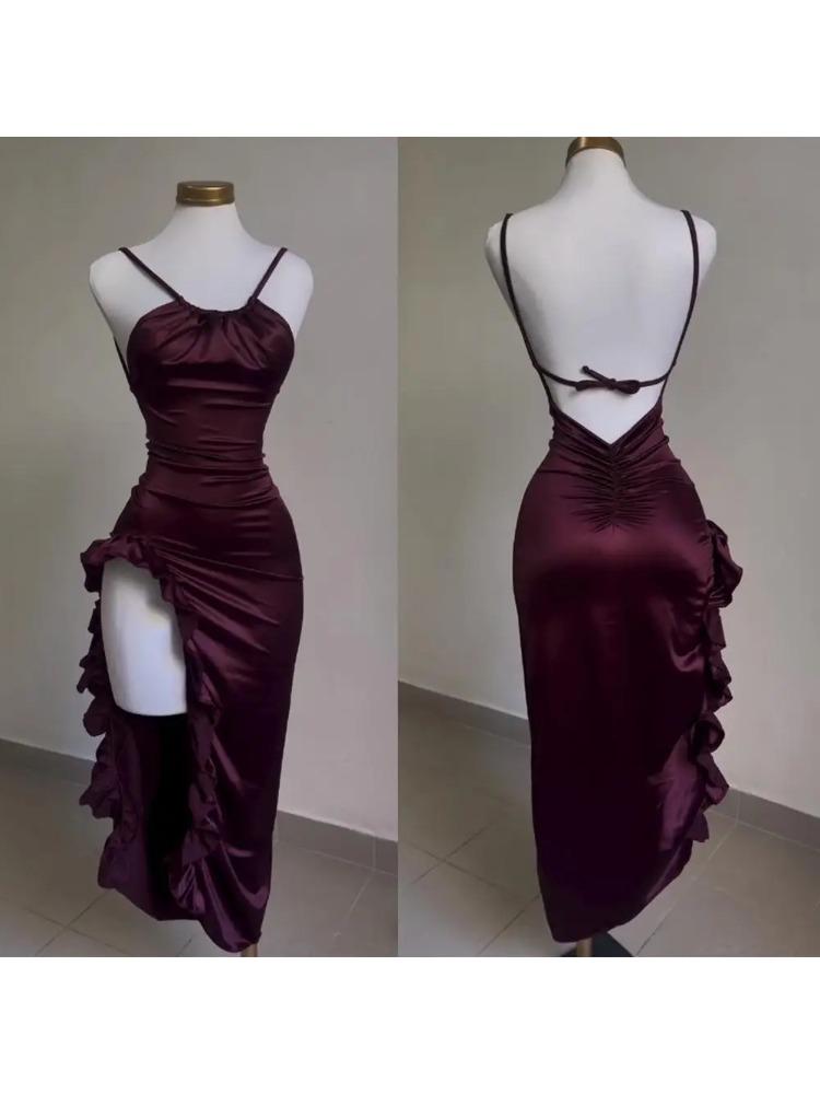 Vintage Y2k Halter Sleeveless Party Dress Women Sexy Slim Split Backless Long Dresses Fashion Chic Strappy High Streetwear Clothing