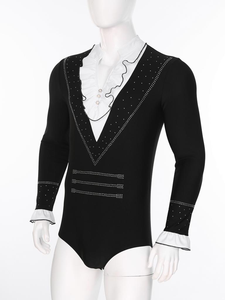 Мужской облегающий танцевальный купальник-комбинезон для латиноамериканских танцев, танго, бальных танцев, длинный рукав, оборчатый воротник, блестящий боди со стразами