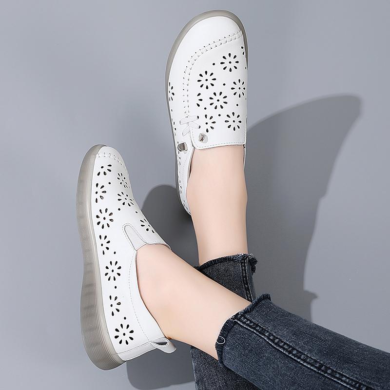 35-41 Women's Large Breathable Fashion Flat Leather Shoes with Hollow Out Shoes White Shoes Lefu Shoes