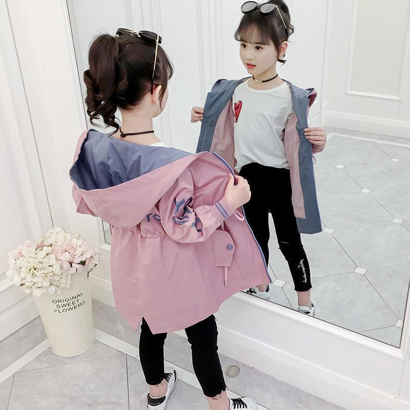 2022 Spring/Autumn Girls' Mid-Length Korean Style Fashion Windbreaker Coats for Children