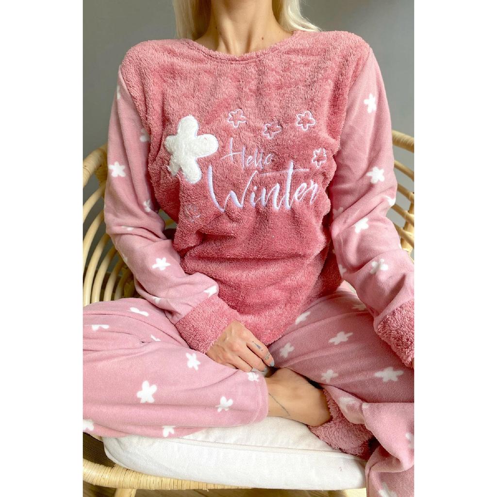 Фиолетовый женский плюшевый пижамный комплект с рисунком Hello Winter