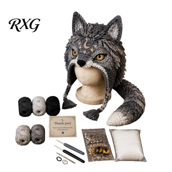Crochet Kit for Beginners Animal Hat Kit, Fantasy Hood DIY Cute Halloween Costume Project Unicorn Fox Frog Earflap Crafting Adults Teens Handcrafted