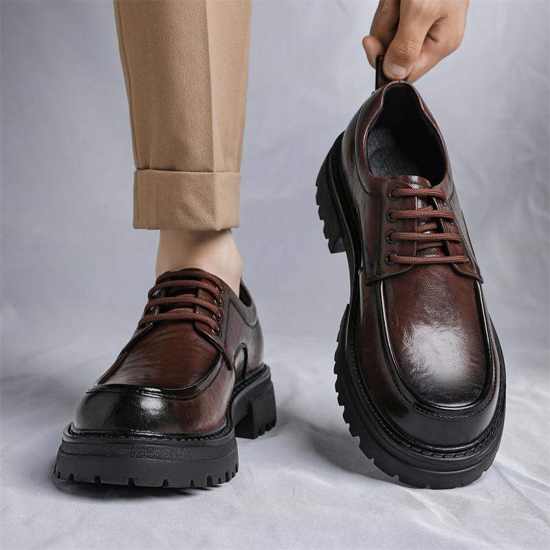 Мужские туфли из кожи с круглым носком и толстой подошвой. Модные туфли в британском стиле для свадьбы, вечеринки, отдыха на природе, бизнеса, высокие кожаные туфли.
