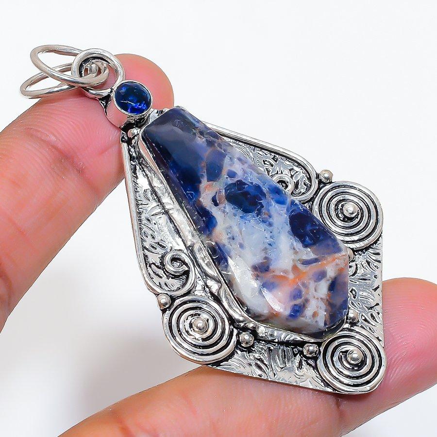 Natural Sodalite, Iolite Gemstone 925 Sterling Silver Jewelry Pendant 2.76" ZS-78
