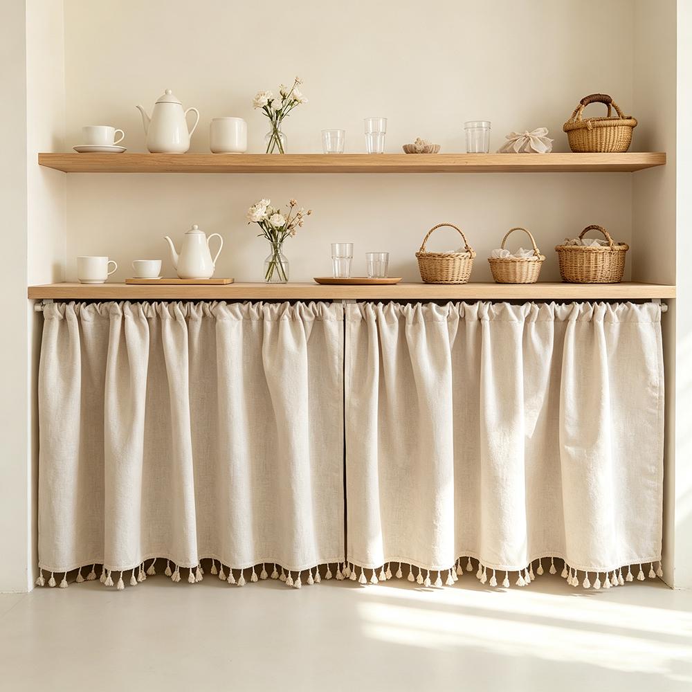 Beige Short Cabinet Curtain Dustproof Under Sink Storage Cover Hide Mess Kitchen Home Decor Farmhouse