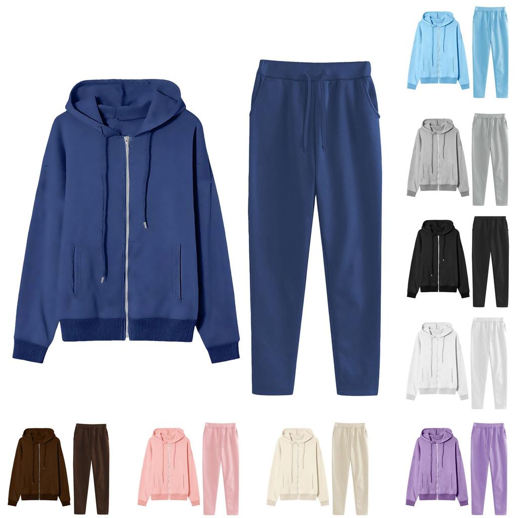 Women's Fashion Solid Color Pullover Casual Fresh Long Sleeve Hooded Sweatshirt Set