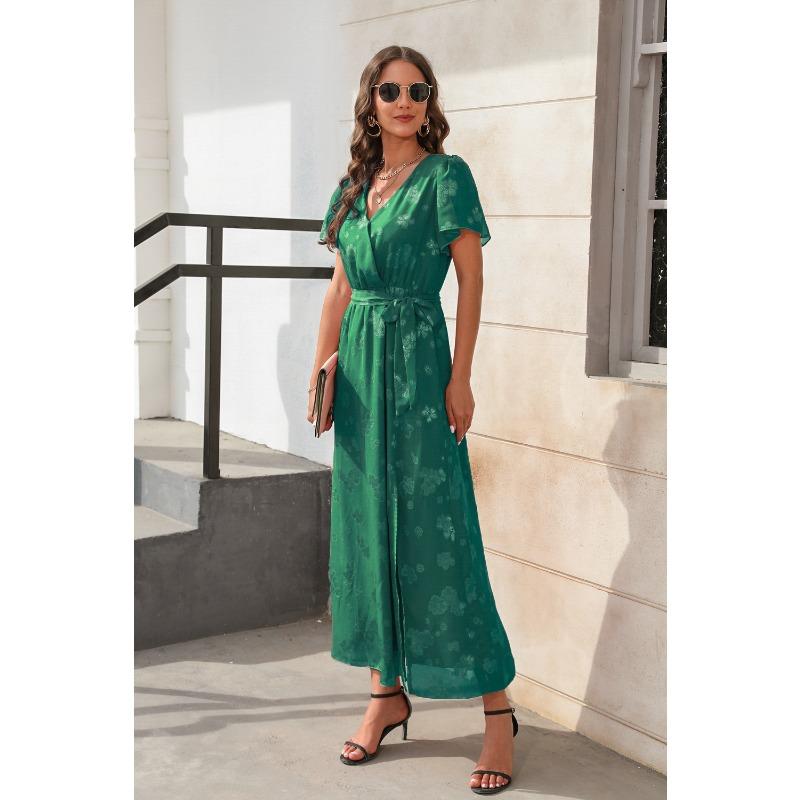 Платье с V-образным вырезом, завышенной талией и бретелями, жаккардовое, с разрезом, длинное, короткое, с короткими рукавами