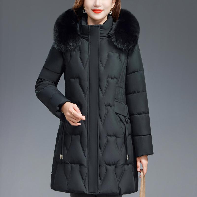 Middle Age Woman Winter Coats Hooded Faux Fur Collar Casual Thick Warm Long Parkas Women's Jackets