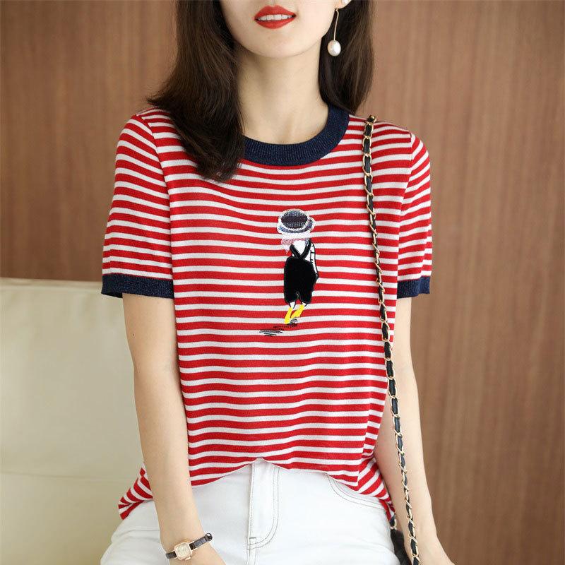 Полосатая вышитая футболка с круглым вырезом из мерсеризованного хлопка для женщин, летний топ с короткими рукавами, вязаный свитер с контрастной хлопковой нитью