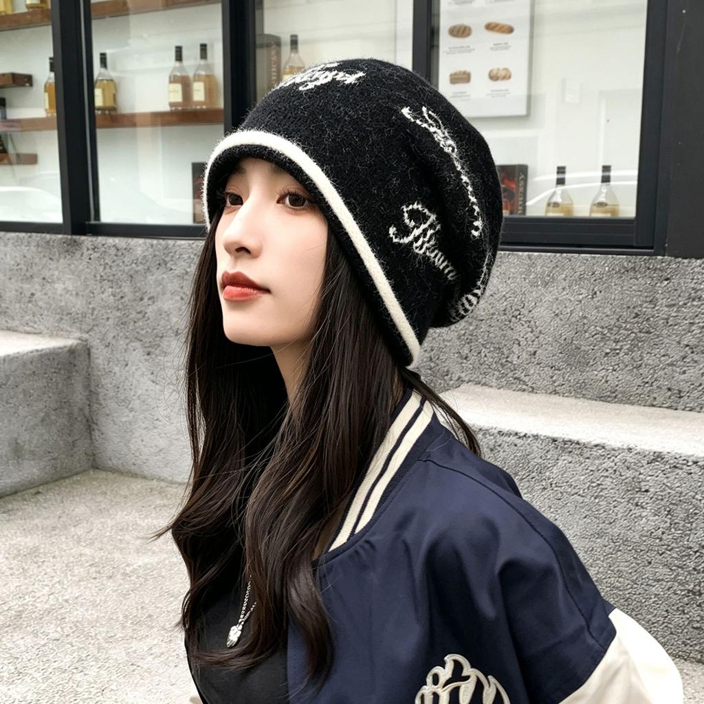 Letter Pattern Beanies for Women Vintage Print Baggy Hat Winter Autumn Warm Knitted Caps Outdoor Slouchy Hats