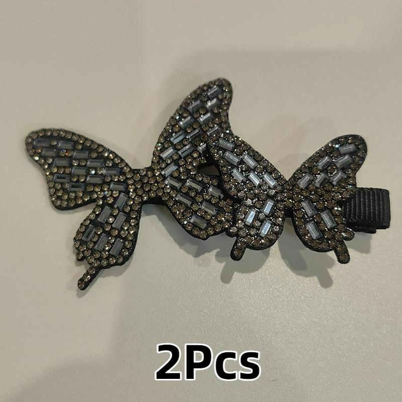 2Pcs Sparkling Side Bangs Clip Fashionable Full Diamond Elegant Butterfly Hair Clip Sweet Duckbill Clip Hair Accessories
