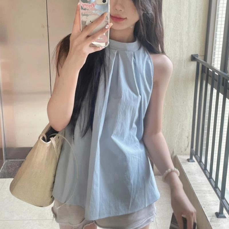 Spring and Summer Women's New Sleeveless Neck Fashion Round Neck Pleated Top