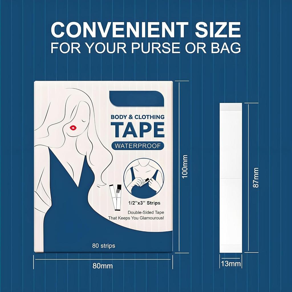 Body & Clothing Tape – Waterproof Double-Sided Tape for Secure Clothing,Waterproof Fashion Clothing Tape 80 Strips (1/2”x3”)
