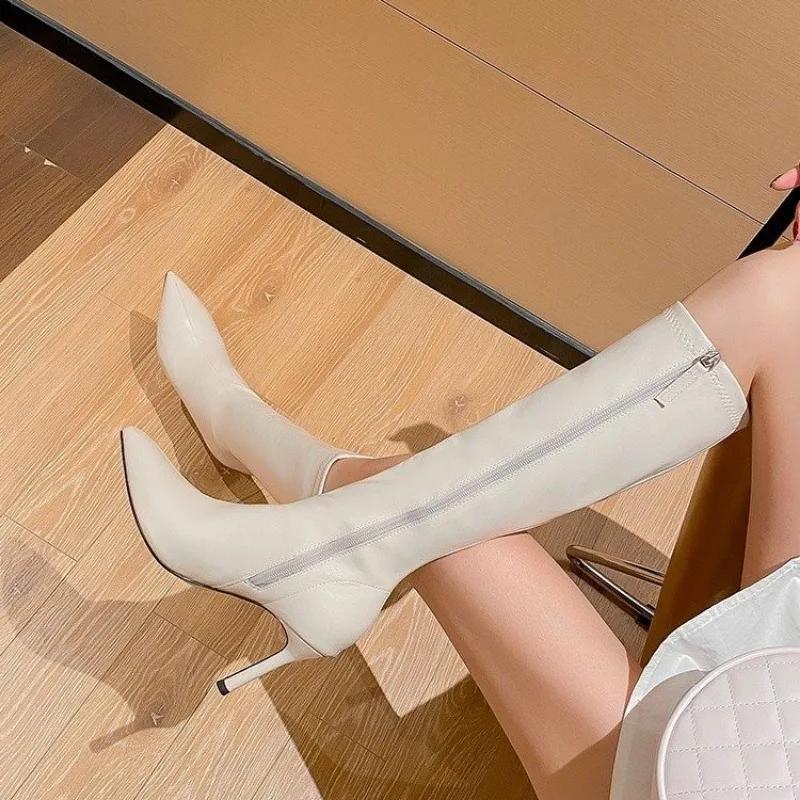 Модная женская обувь 2024 Высокое качество Сапоги женские до колена Элегантные современные сапоги Женские Острый носок Тонкий каблук Обувь на молнии сбоку Женская