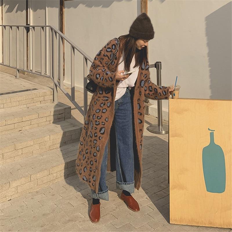 Johnature леопардовые вязаные женские корейские свободные длинные пальто осень-зима кардиган теплые женские тренчи