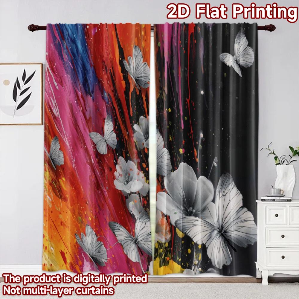 2D flat printing 2pcs Curtain Party Curtain Colorful Butterflies Flight Digital Printed Polyester Drapes Festive Wall Decor Use