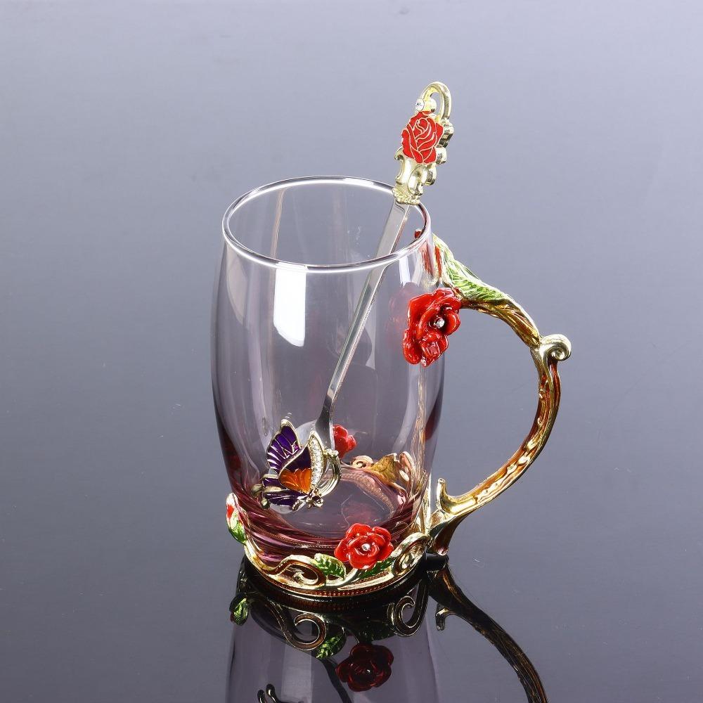 Бытовая стеклянная эмалированная чашка для чая с цветочным узором, прозрачная кофейная чашка, термостойкая, с ложкой, кружка для чая, подарок