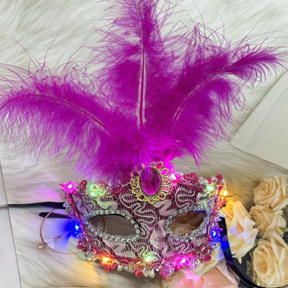 Rhinestone LED Glowing Mask Plastic Venice Masquerade Mask Creative Feather Mask  Halloween