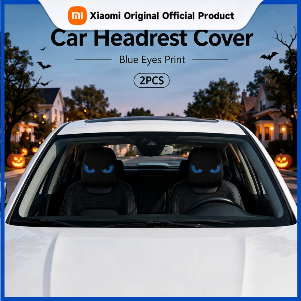 Xiaomi 2Pcs Blue Fluorescent Eyes Car Headrest Covers, 2D Printed, Highly Elastic and Soft, Fun Halloween Decorations, Universal