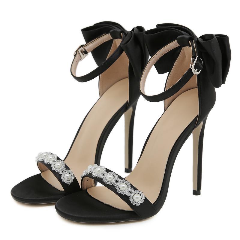 Women Sandals Bow Knot Pearl Round Open Toe Ankle Strap Thin High Heels Ladies Elegant Party Banquet Dress Shoes