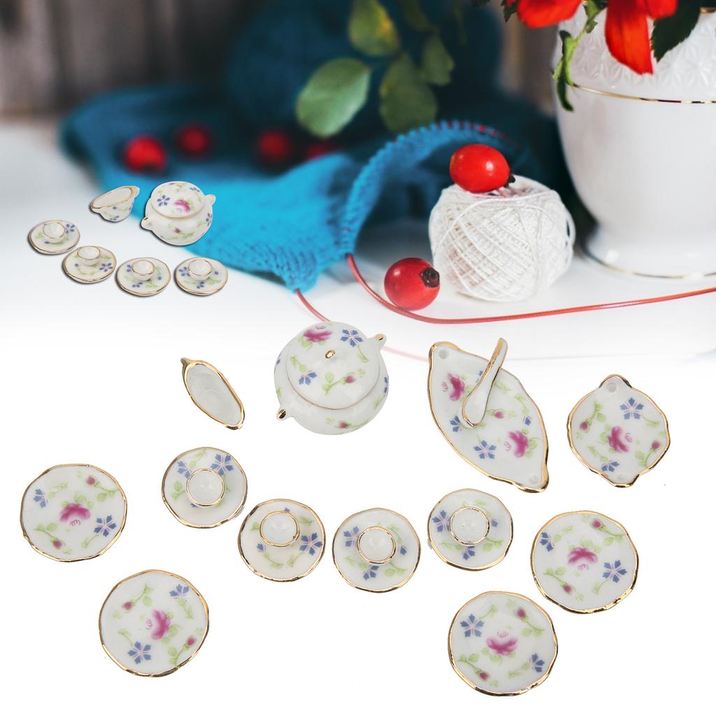 1:12 Miniature House Ceramic Floral Pattern Tea Set Simulation Kitchenware Model Toy
