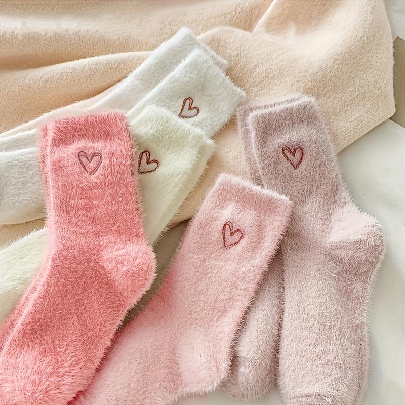 5 Pairs of Cozy Heart-Embroidered Socks - Soft, Fluffy, Mid-Calf Length, Women Autumn Winter Socks | Heart Embroidery Socks | Texture Socks