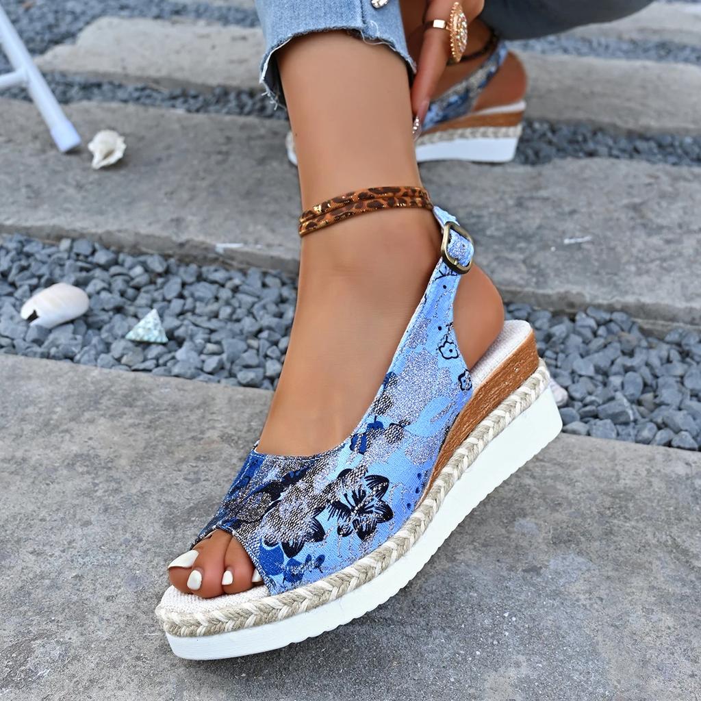 Fashion Wedge Flat Sandals Women Summer Slingbacks Peep Toe Platform Shoes for Women Light Non-slip Comfort Fabric Cushion Beach Sandals