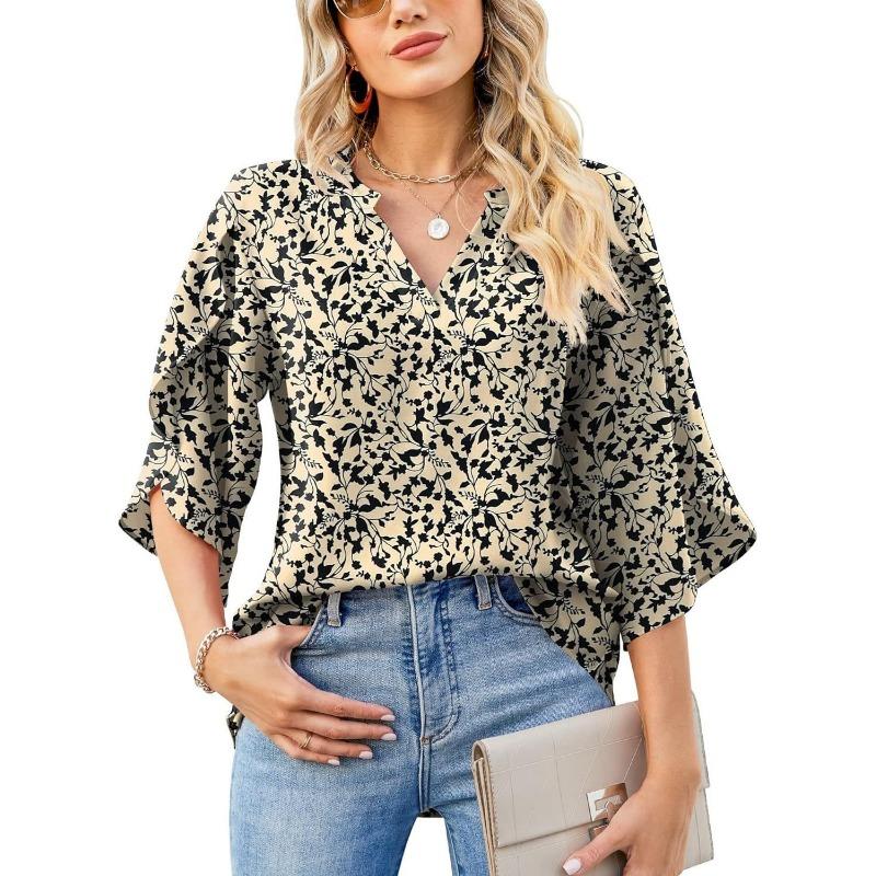 Женская летняя и осенняя рубашка свободного кроя с V-образным вырезом и принтом «лепестки» из шифона