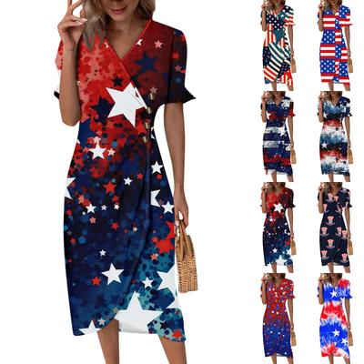 Пляжные платья для женщин, весна-лето, элегантное платье с V-образным вырезом и принтом «День независимости», струящееся гавайское макси-платье со сборками