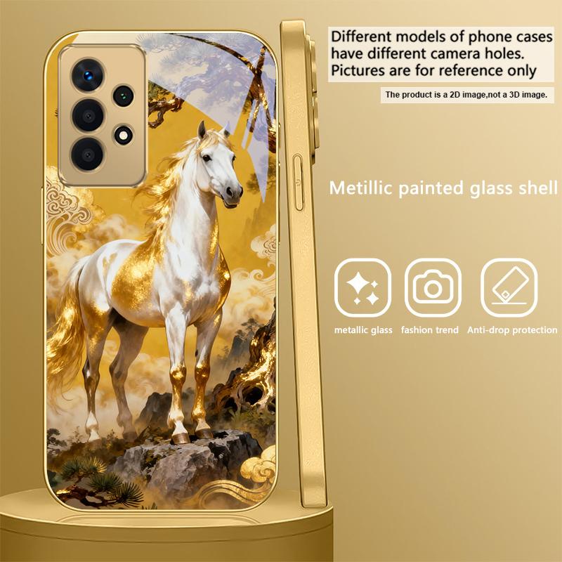 Высокая и крепкая лошадь Для Samsung A 01 52S A04 A05S A10 A12 A13 22 23 24 36 42 M02 Note 10 20Ultra 8 9 Золотой стеклянный чехол для телефона