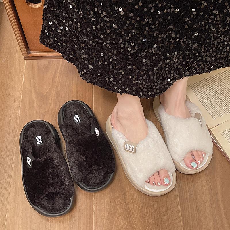 Fur Women Slippers Winter New Fashion Plush Shallow Mouth Indoor Outdoor Flip-flop Casual Bedroom Solid Color Slides Flat Shoes