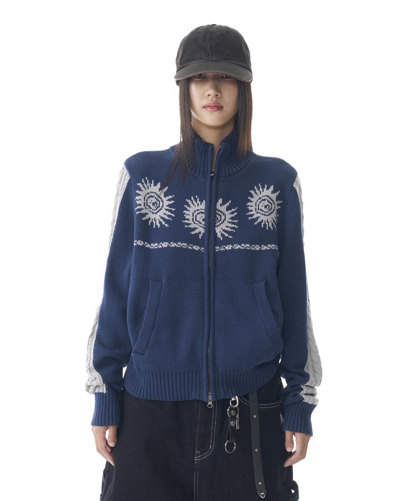 AAKAM Sun Jacquard Zip-Up Sweater (Navy)