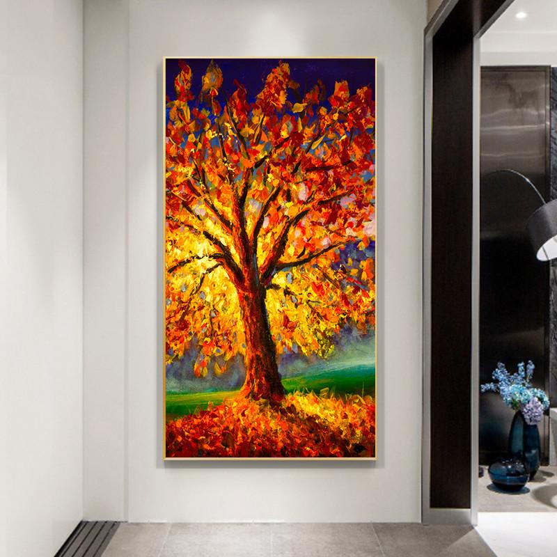 Современная картина на холсте, абстрактные текстурированные коричневые деревья с золотисто-желтыми листьями, настенные художественные постеры, принты для домашнего декора, Куадрос