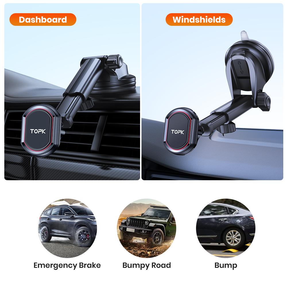 TOPK Magnetic Phone Car Phone Holder Mount 3in1 Phone Holder for Car Windshield and Dashboard Adjustable Long Arm Phone Mount
