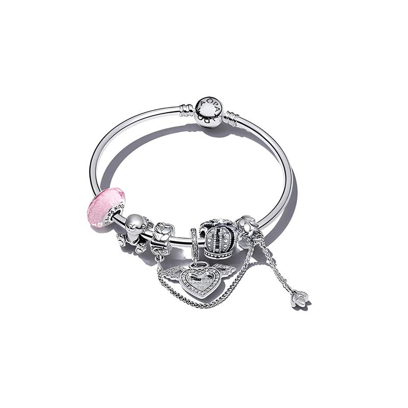 Pandora Cute Angel Love Pendant Set 925 Silver Glass Synthetic Cubic Zirconia Bracelet Women's Silver ZT-0655