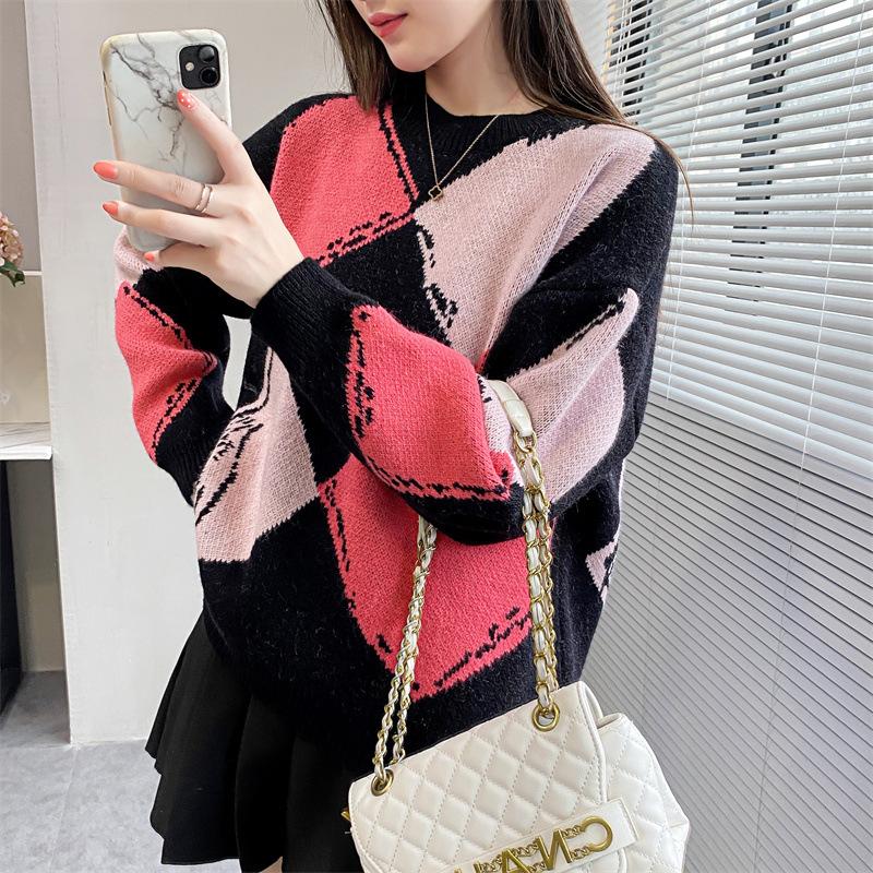 Винтажный свитер большого размера с круглым вырезом и круглым вырезом, свободные осенние свитера для женщин, корейский модный свитер с длинными рукавами