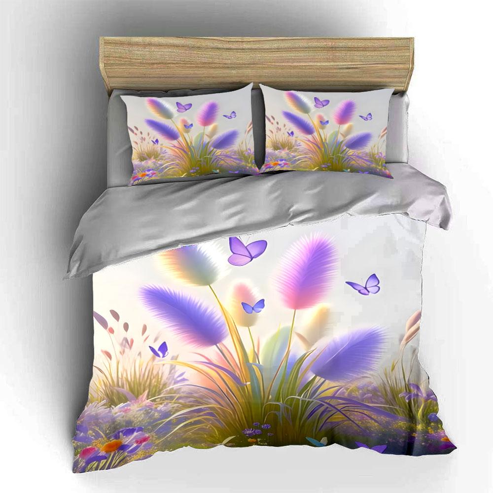 3Pcs Pastel Bedding Set,Dreamy Watercolor Pampas Grass in Purple and Pink with Butterflies Print Duvet Cover,Bedroom Decor
