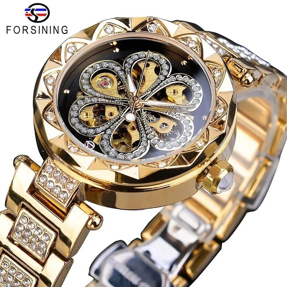 Forsining Elegant Fashion Women Automatic Mechanical Watches Luxury Diamond Stainless Steel Waterproof Ladies Stylish Wristwatch