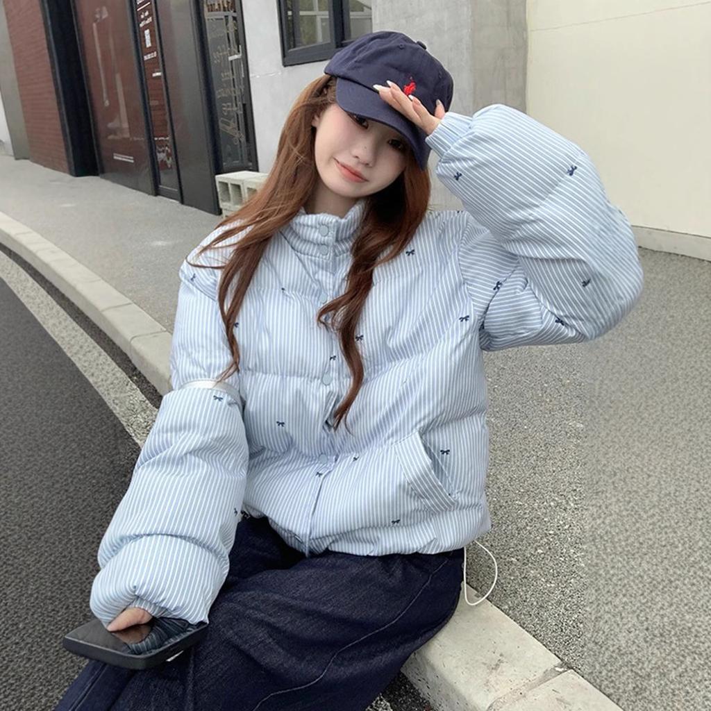 Korean Style Striped Bow Cotton Coat for Women Winter New Loose Stand-up Collar Bread Coat Super Nice Cotton Coat