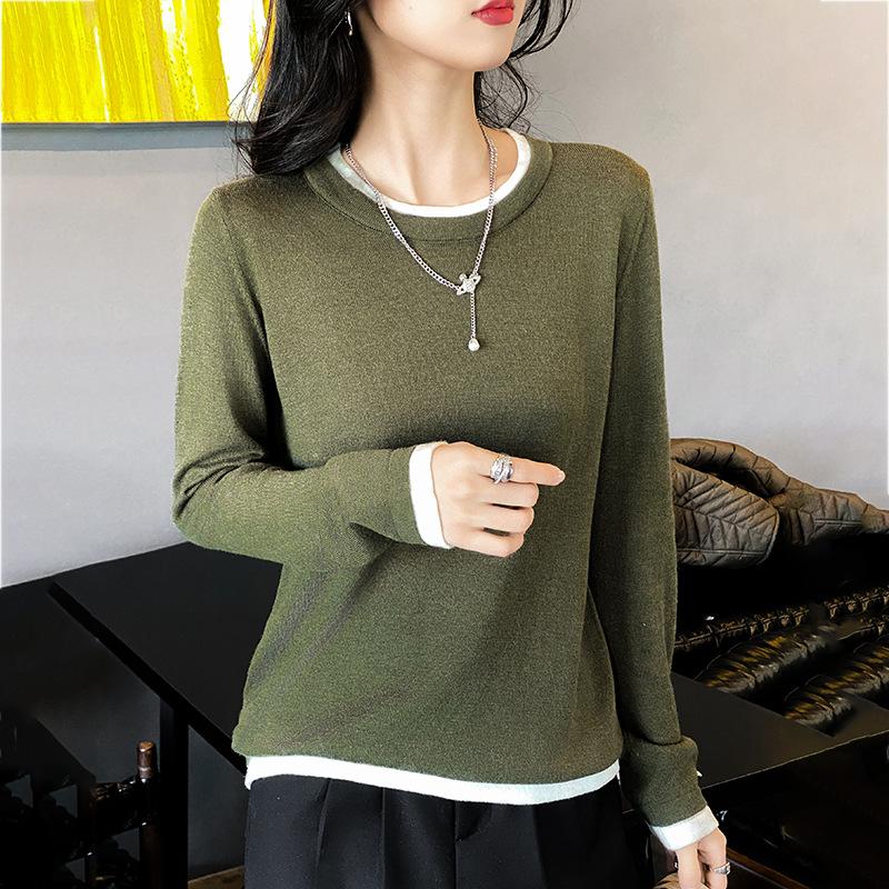 Color-blocking Round Neck Base Shirt for Women Loose Long-sleeved Spring New Worsted Wool Fake Two-piece Knitted Sweater