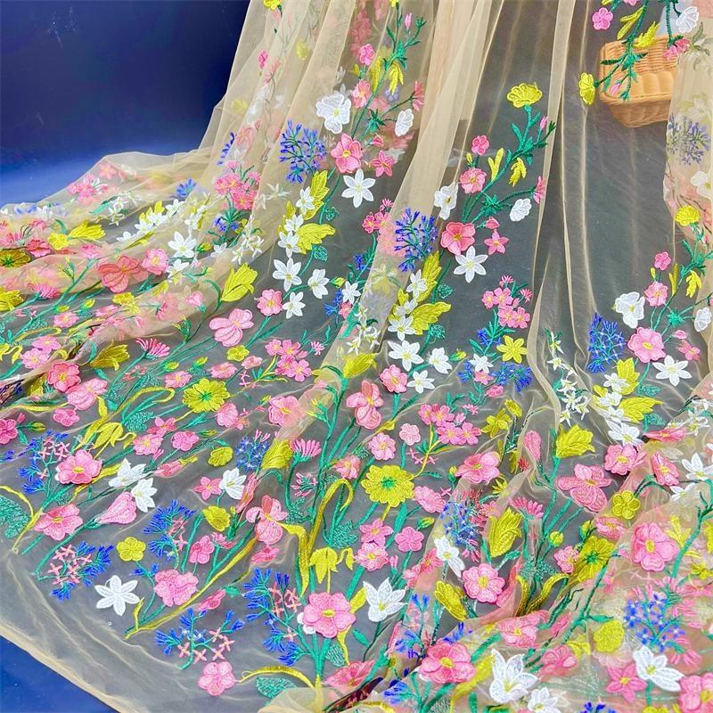 Colorful Floral Embroidery Lace Fabric Sewing for Bridal Dress Gown 90*150cm