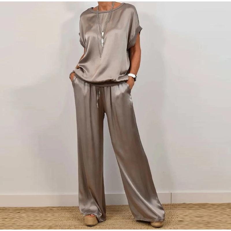 Повседневный однотонный комплект с круглым вырезом, женский модный свободный свитер с коротким рукавом, топы с широкими штанинами, длинные комплекты из 2 предметов для женщин на лето