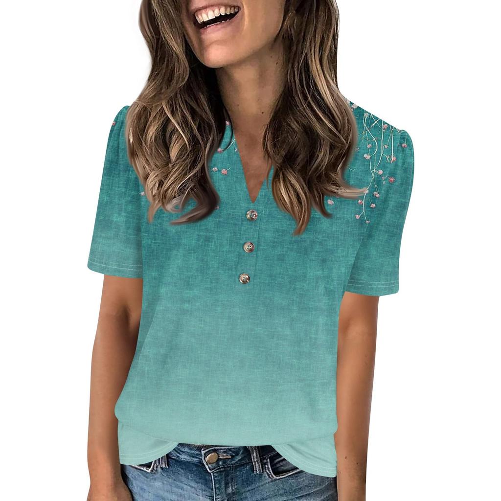 Women's Fashionable Casual Short Sleeve Button Print V-Neck Pullover Top