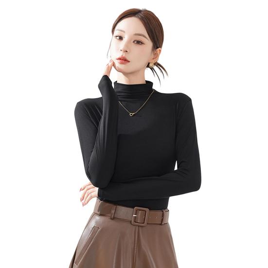 Women Bottoming Tops Half High Collar Long Sleeve Solid Color Slim Fit