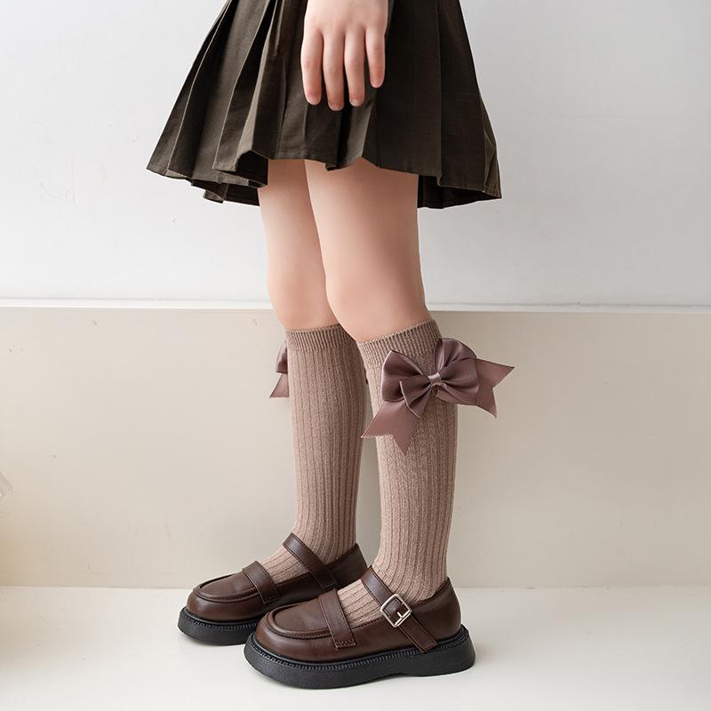 Solid Color Cotton Kids Socks Spring Autumn Children's Lolita Style Large Bow Princess Socks for Girls Soft Knee High Socks