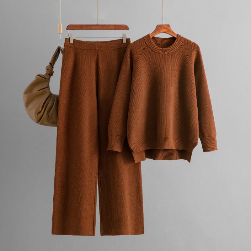 QICED Зимний теплый вязаный комплект для женщин, свободный свитер с длинным рукавом и круглым вырезом, модные брюки палаццо, комплект из двух предметов для женщин