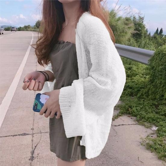 Летнее солнцезащитное пальто с открытой строчкой, кардиган, свободный однотонный трикотаж с длинными рукавами, офисная теплая шаль переменного тока, уличная анти-УФ-куртка